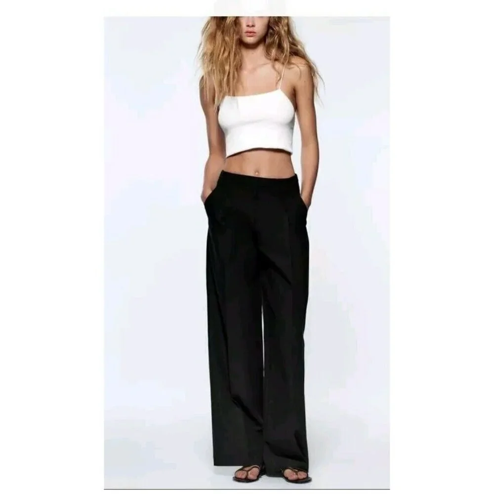 BNWT ZARA FULL LENGTH LINEN BLEND BLACK PANTS TROUSERS SIZE M 7385 490